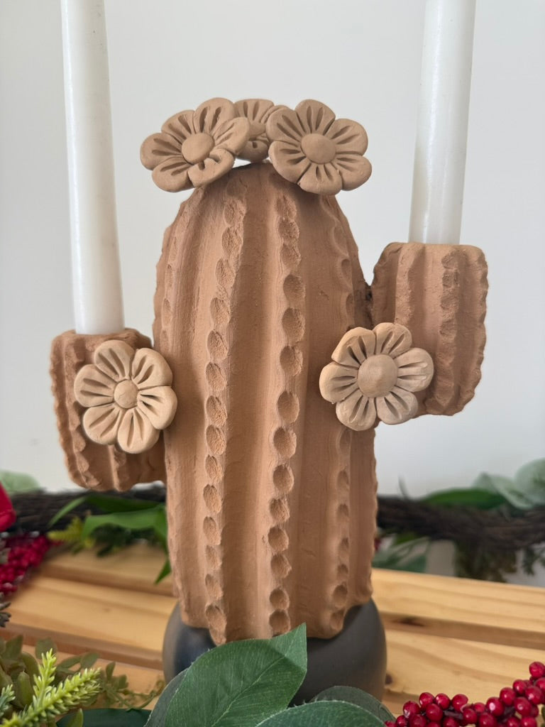 Natural Clay Cactus Candle Holder