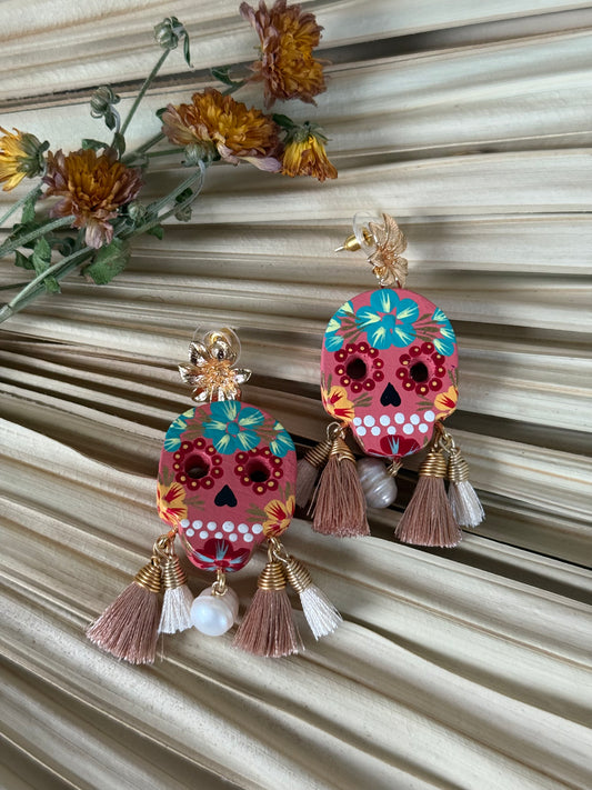 Wooden Catrina Earrings - Pink/Green