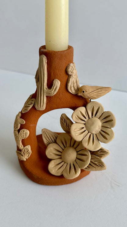 Handmade Clay Floral/Cactus Candleholder - Two Tone