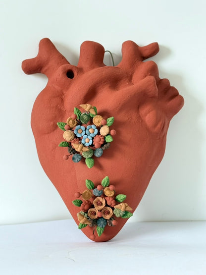 Anatomical Clay Heart w/3D Flowers - Burnt Red