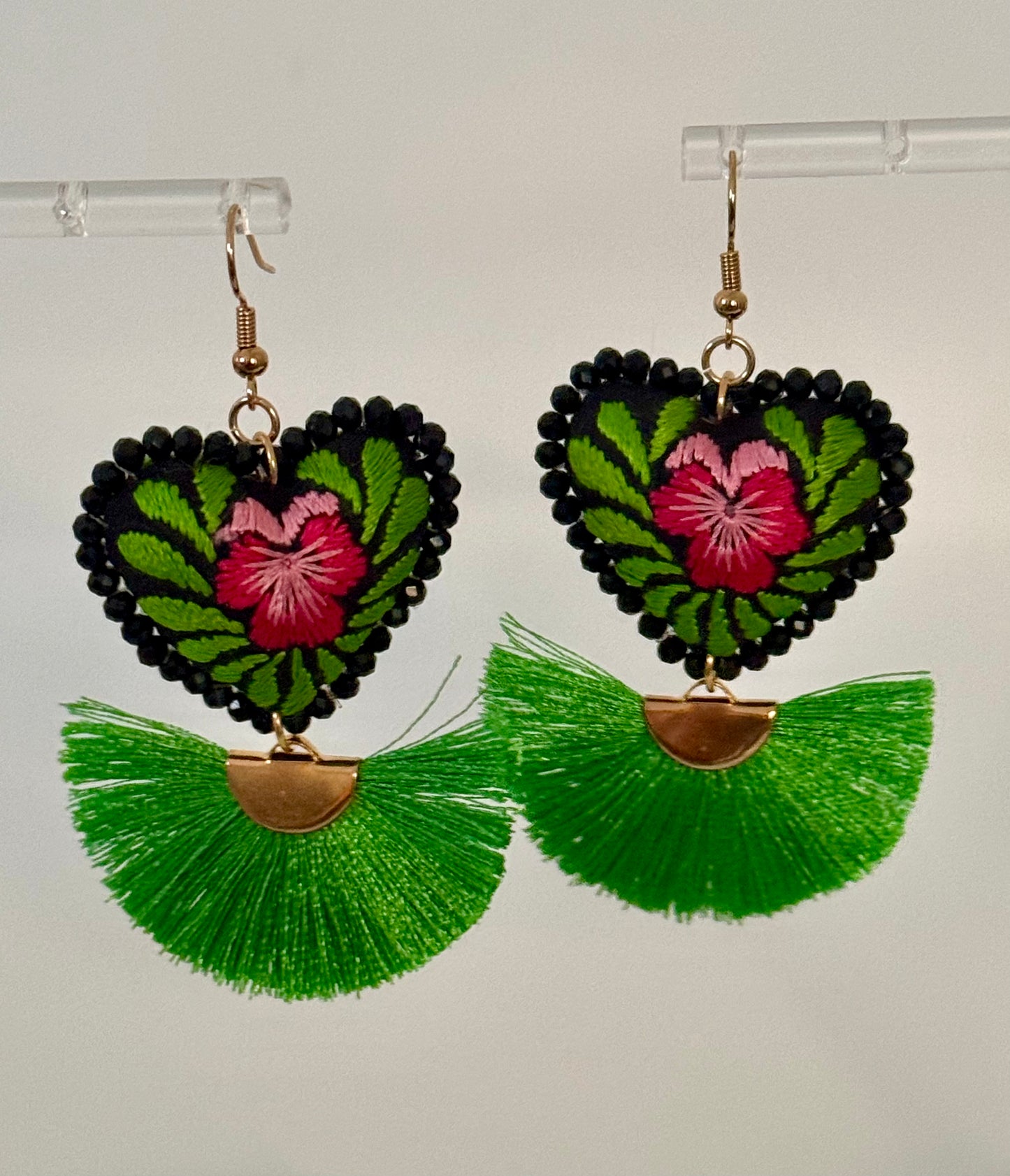 Green/Pink/Black Embroidered Fan Earrings