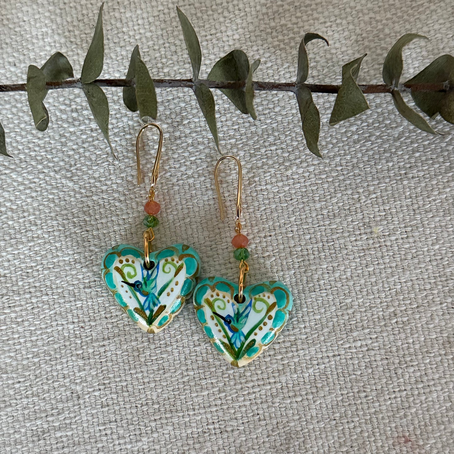 Hummingbird Heart-Shaped Earrings - Teal