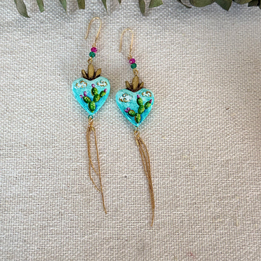 Blue/Cactus Long Sacred Heart Earrings