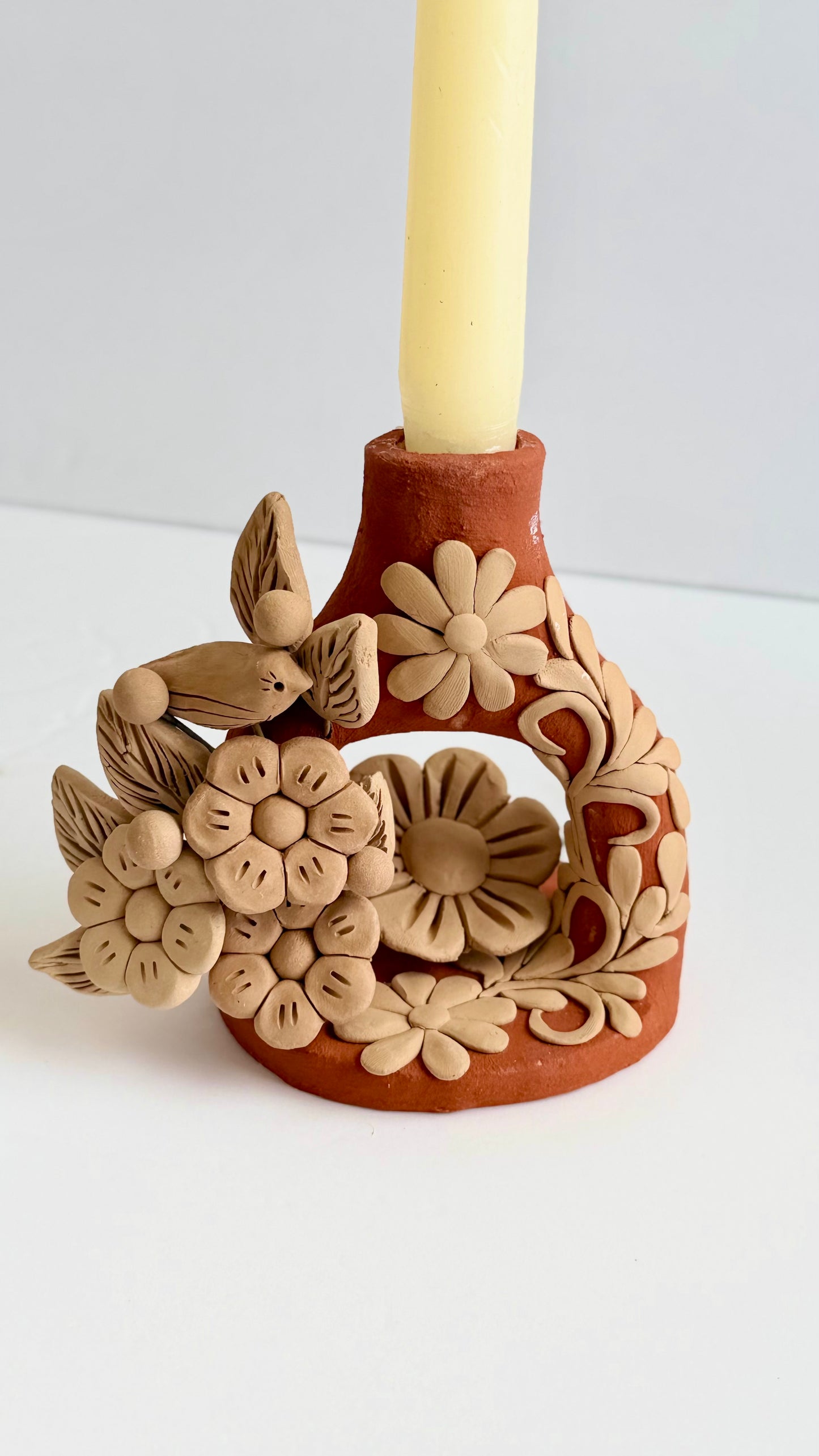 Handmade Clay Floral/Birds Candleholder - Two Tone