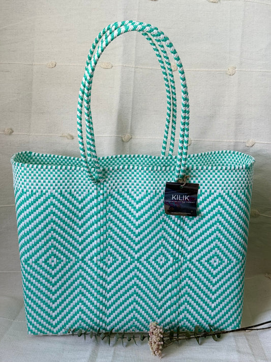 Handwoven Recycled Plastic Tote - Mint/White