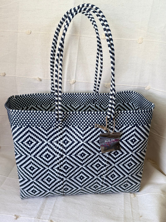 Handwoven Recycled Plastic Tote - Navy/White Diamond Pattern