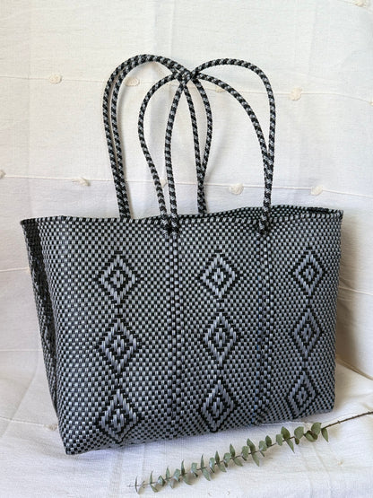 Handwoven Recycled Plastic Tote - Black/Dark Grey
