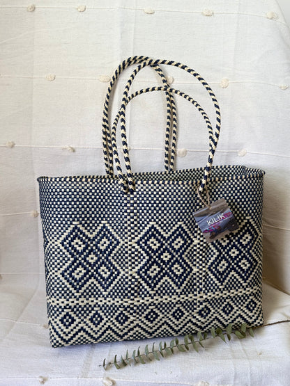 Handwoven Recycled Plastic Tote - Beige/Navy