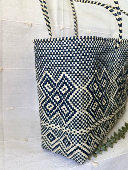 Handwoven Recycled Plastic Tote - Beige/Navy