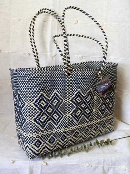 Handwoven Recycled Plastic Tote - Beige/Navy
