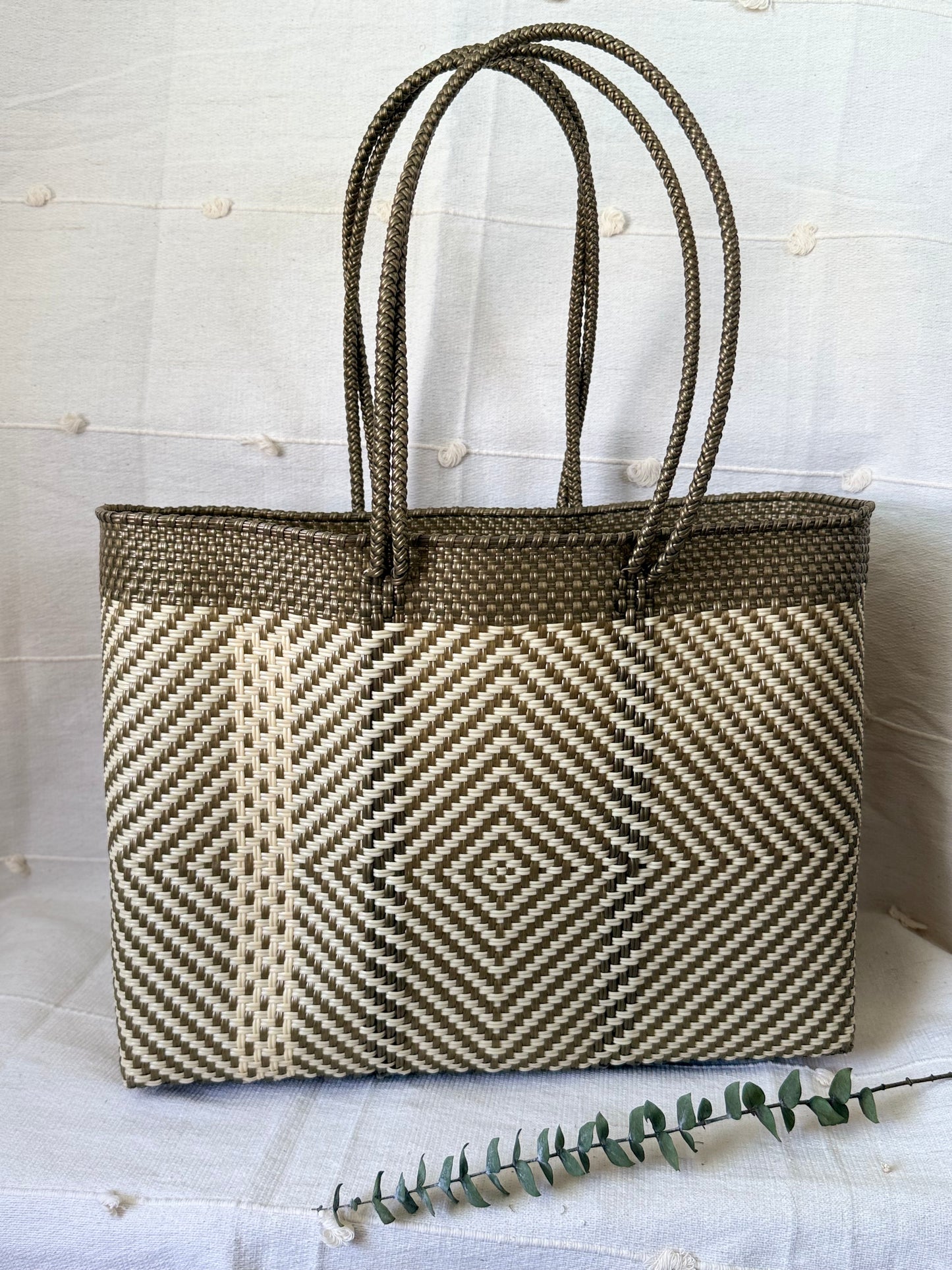 Handwoven Recycled Plastic Tote - Gold/White Diamond Pattern