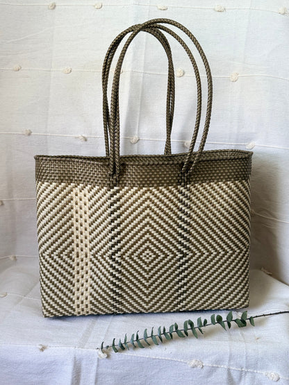 Handwoven Recycled Plastic Tote - Gold/White Diamond Pattern