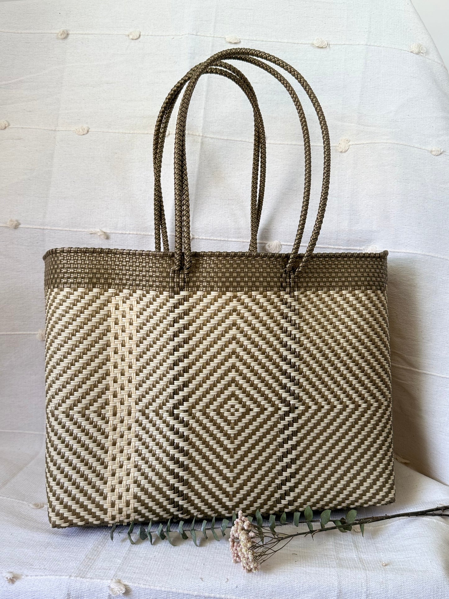 Handwoven Recycled Plastic Tote - Gold/White Diamond Pattern
