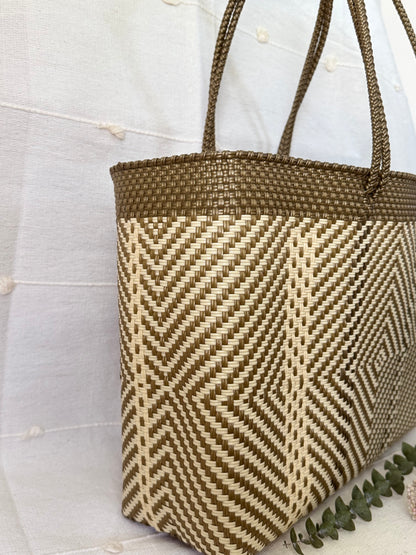 Handwoven Recycled Plastic Tote - Gold/White Diamond Pattern