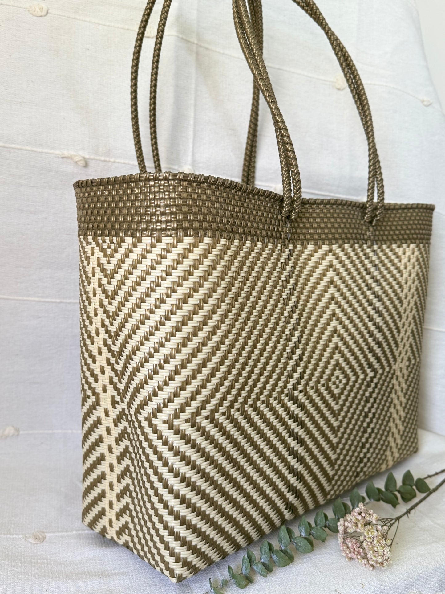Handwoven Recycled Plastic Tote - Gold/White Diamond Pattern