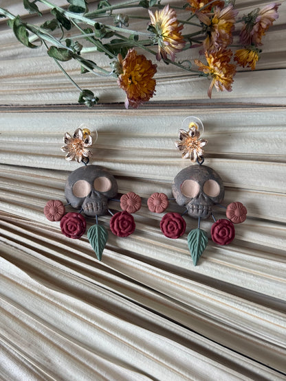 Clay Skull Shaped/Flowers Earrings - Grey