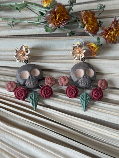 Clay Skull Shaped/Flowers Earrings - Grey