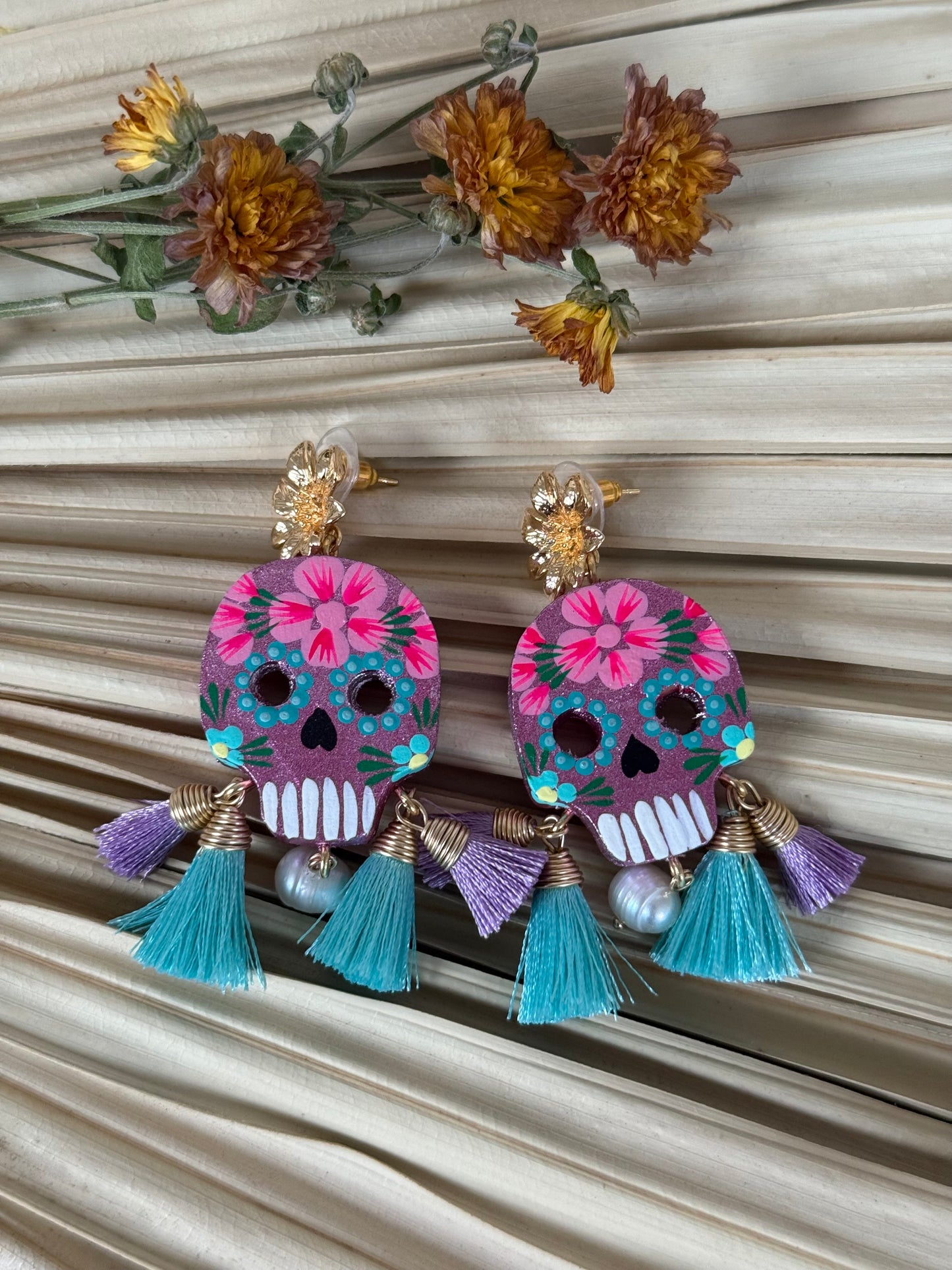 Wooden Catrina Earrings - Purple/Pink