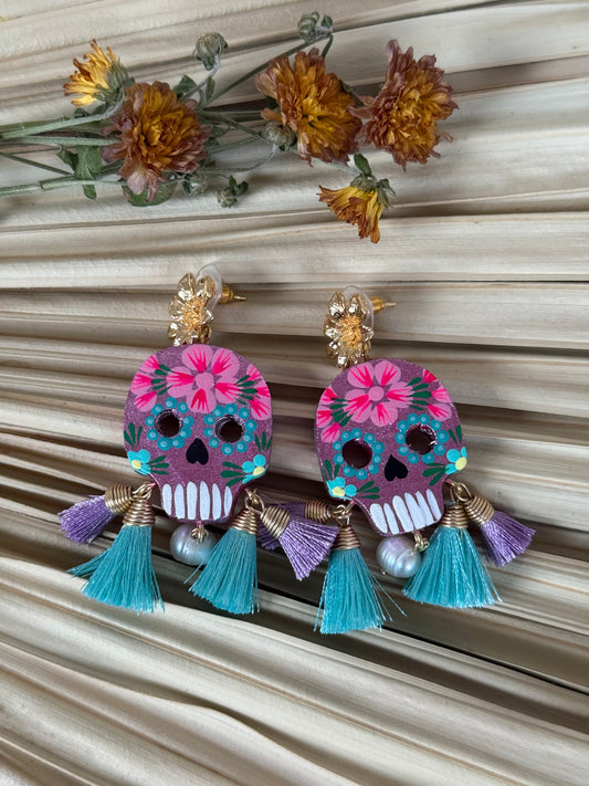 Wooden Catrina Earrings - Purple/Pink