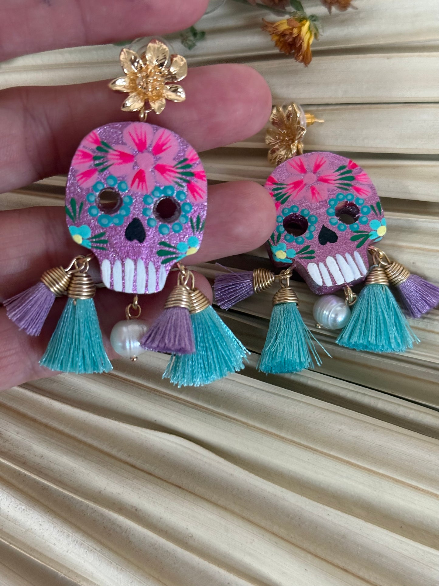 Wooden Catrina Earrings - Purple/Pink