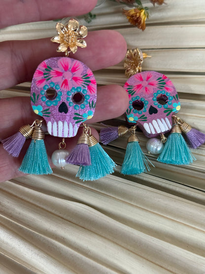 Wooden Catrina Earrings - Purple/Pink