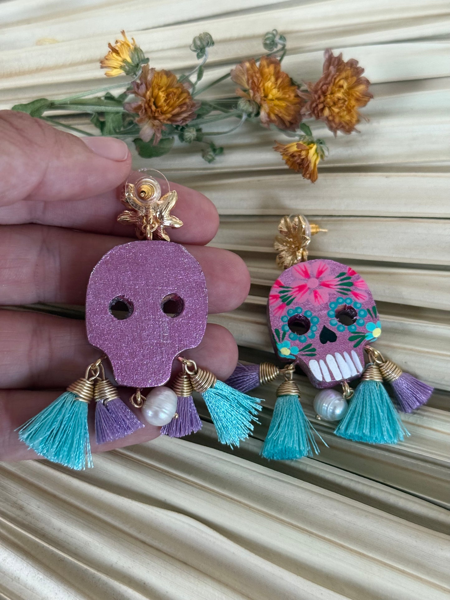 Wooden Catrina Earrings - Purple/Pink