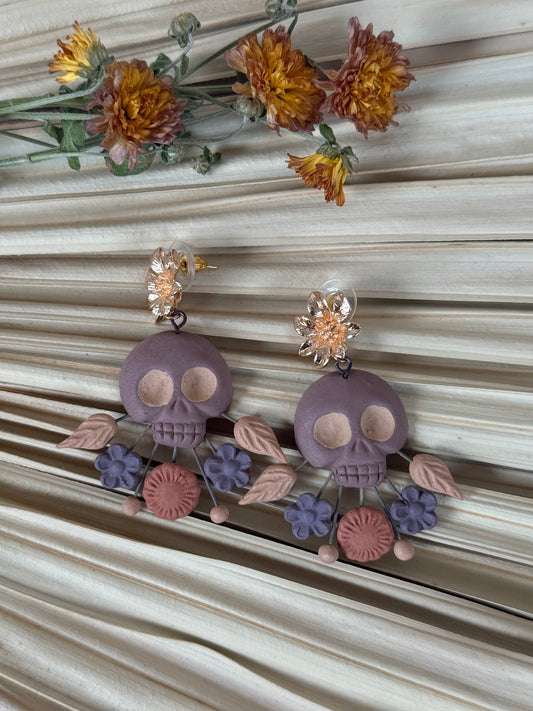 Clay Skull Shaped/Flowers Earrings - Mauve