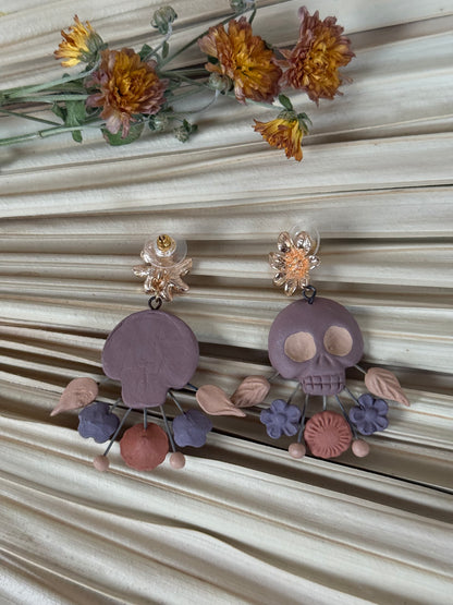 Clay Skull Shaped/Flowers Earrings - Mauve